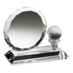 Optical crystal circle award with faceted border and crystal golf ball accent. 6' x 5 1/4'